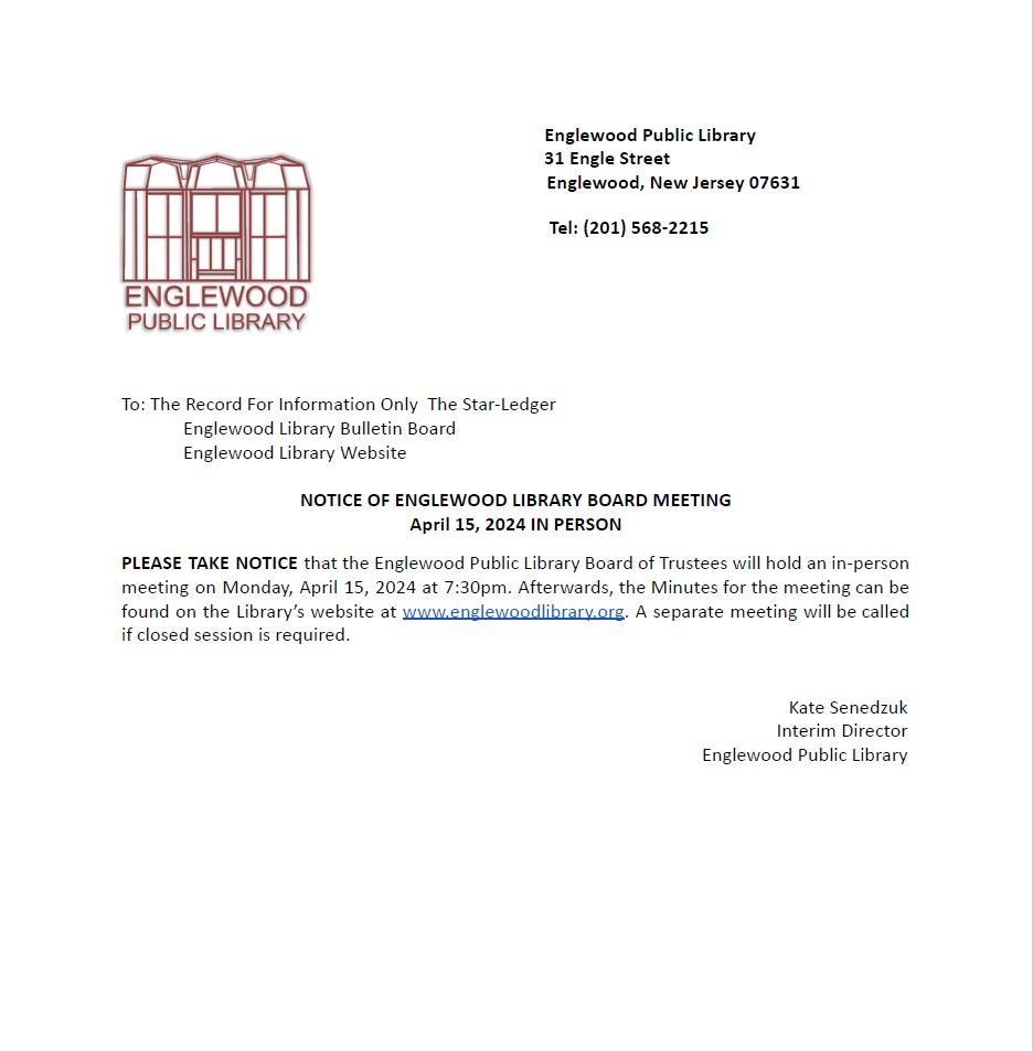 Notice of Englewood Library Board Meeting - April 15th