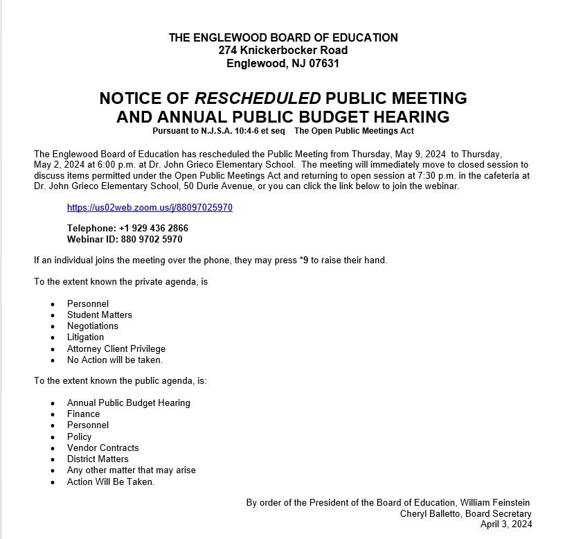 Notice of Rescheduled Public Meeting - May 2nd