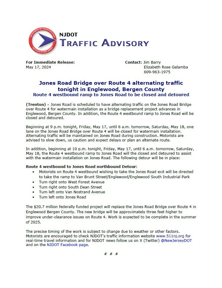 NJ DOT Traffic Advisory Jones Road Bridge over Route 4 Alternating Traffic Tonight in Englewood