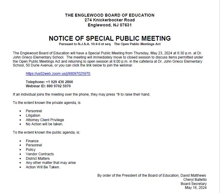 Notice of Special Public Meeting - Board of Education - May 23rd