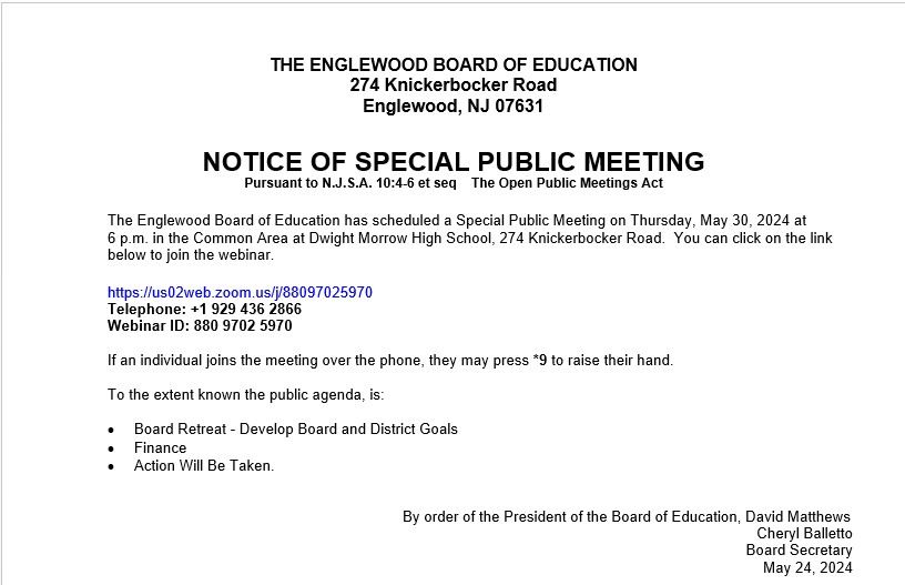 Notice of Special Public Meeting - May 30th