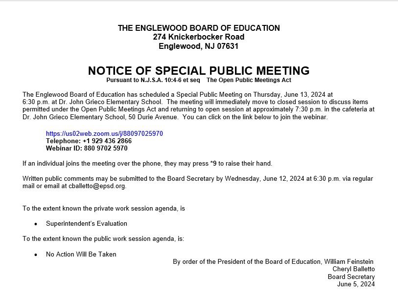 Notice of Special Public Meeting - June 13th