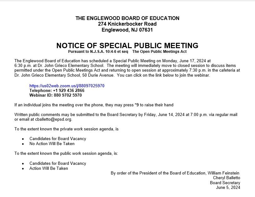 Notice of Special Public Meeting - Board of Education - June 17th