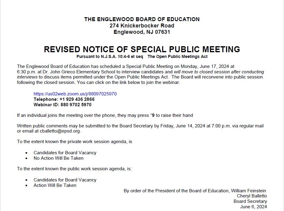 Notice of Special Public Meeting - BOE - June 17th