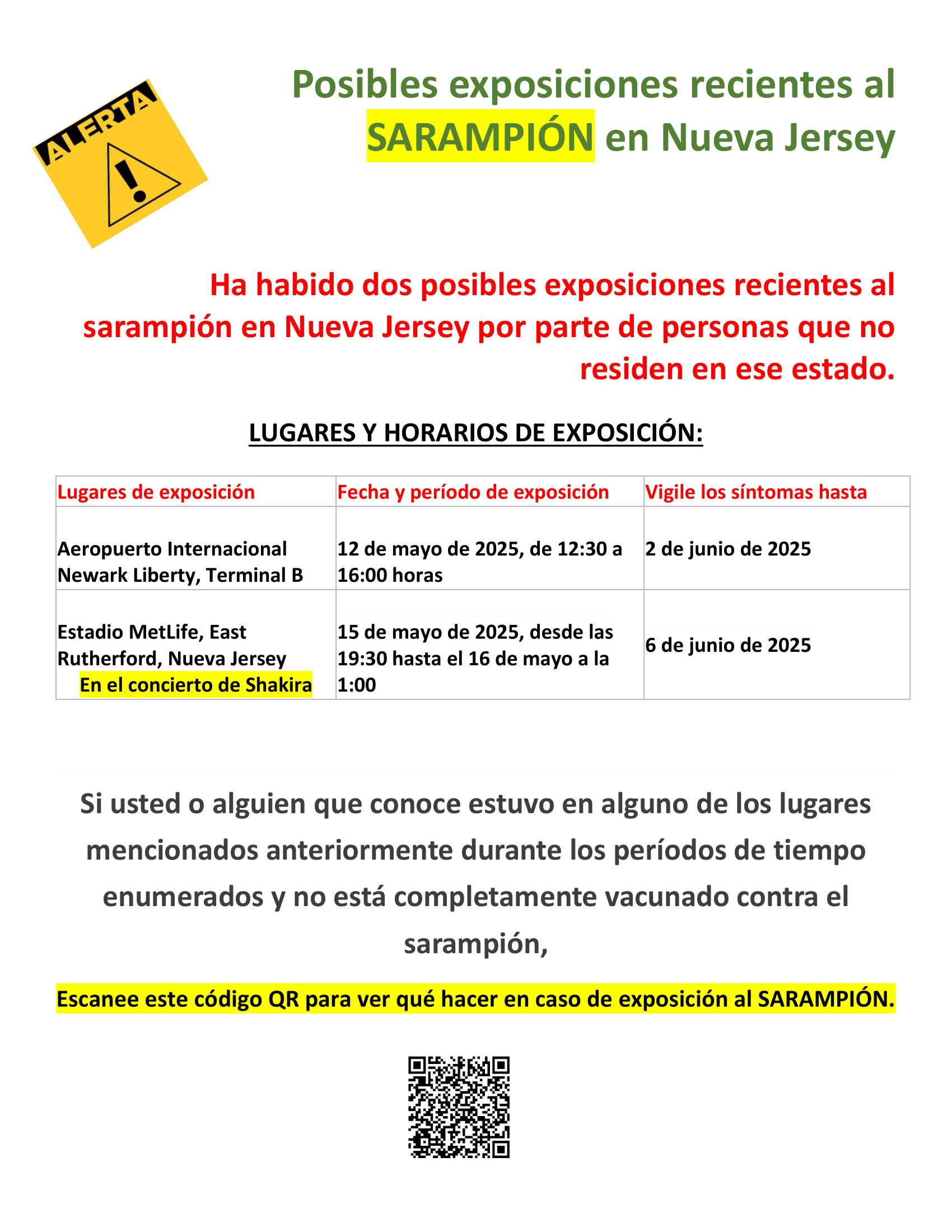 Posibles exposiciones recientes al sarampion en Nueva Jersey